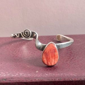 Spiny Oyster and Sterling Silver Modernist Cuff Bracelet